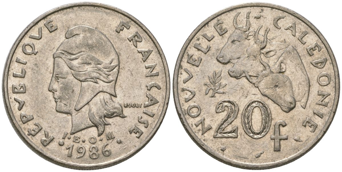 Французская Новая Каледония 20 франков 1986 три быка, (IEOM) KM 12, Schoen 14, Lec 112 никель 4123-836