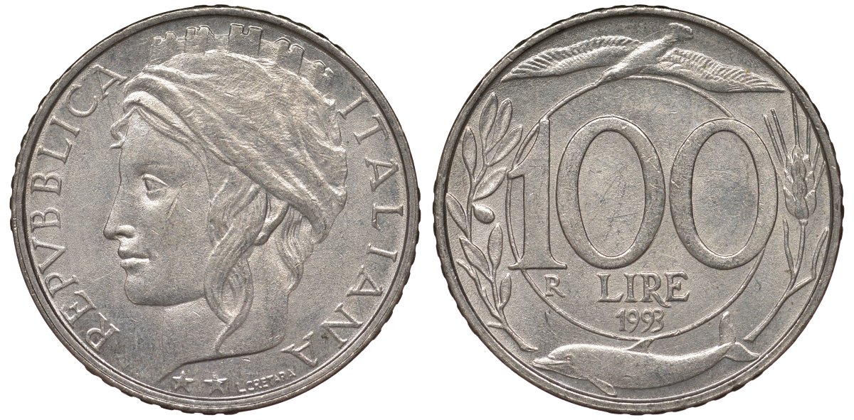 Италия 100 лир 1993 R KM 159 медно-никель 4128-1245
