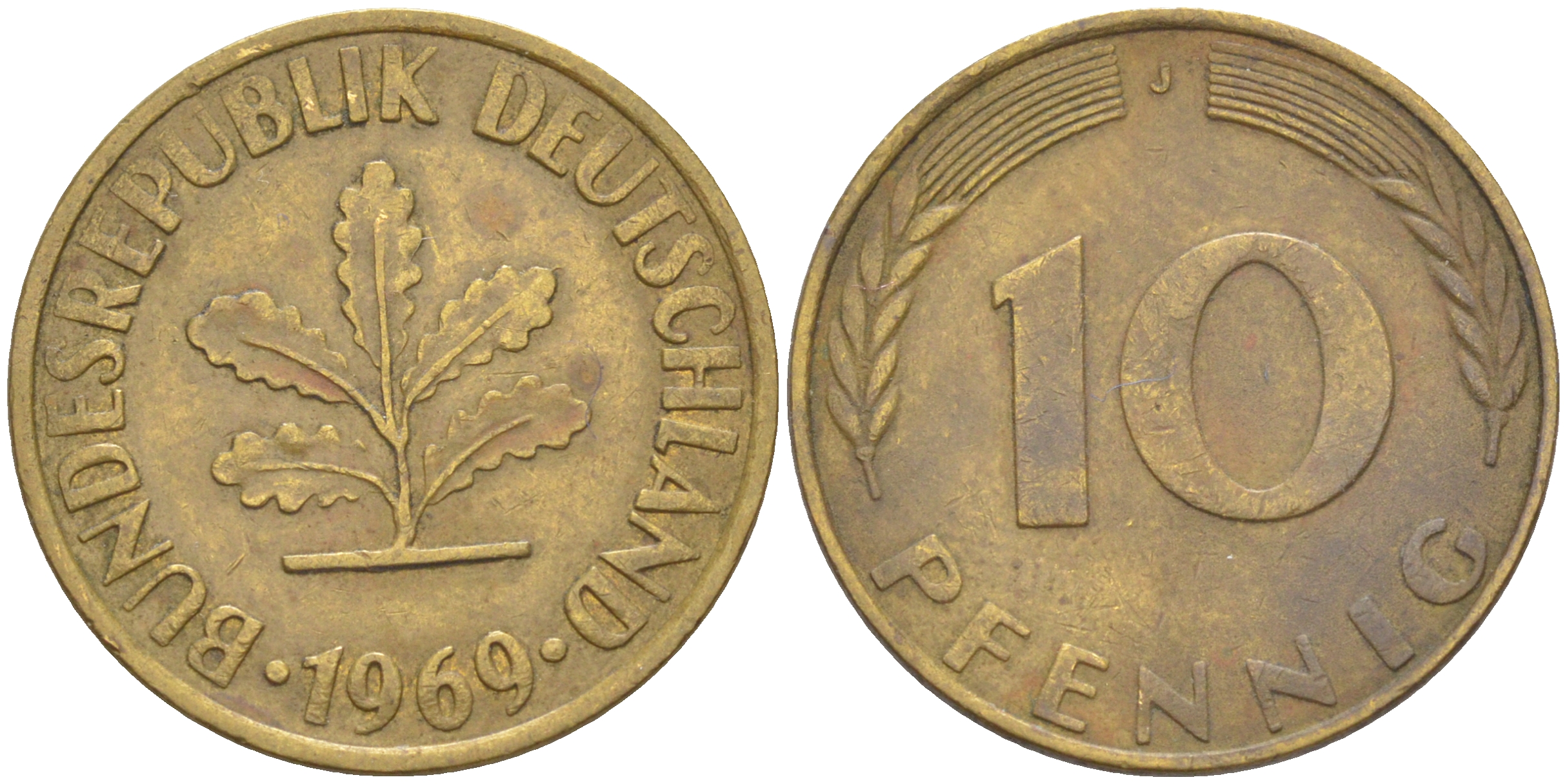 ФРГ 10 пфеннигов 1969 J KM 108, J. 383 сталь плакированная латунью 54-2011