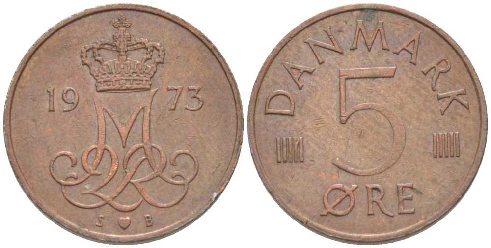 Дания 5 эре 1973 S; B, Маргрете II (1972- ) KM 859.1 железо плакированное медью 201-1161