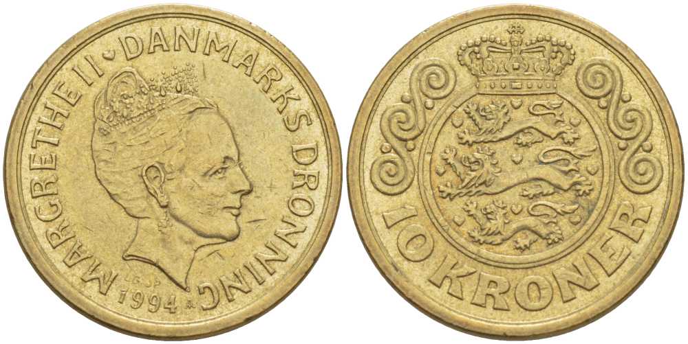 ДАНИЯ 10 КРОН 1994 LG; JP; A, МАРГРЕТЕ II (1972-) KM 877 алюминиевая бронза 67-722