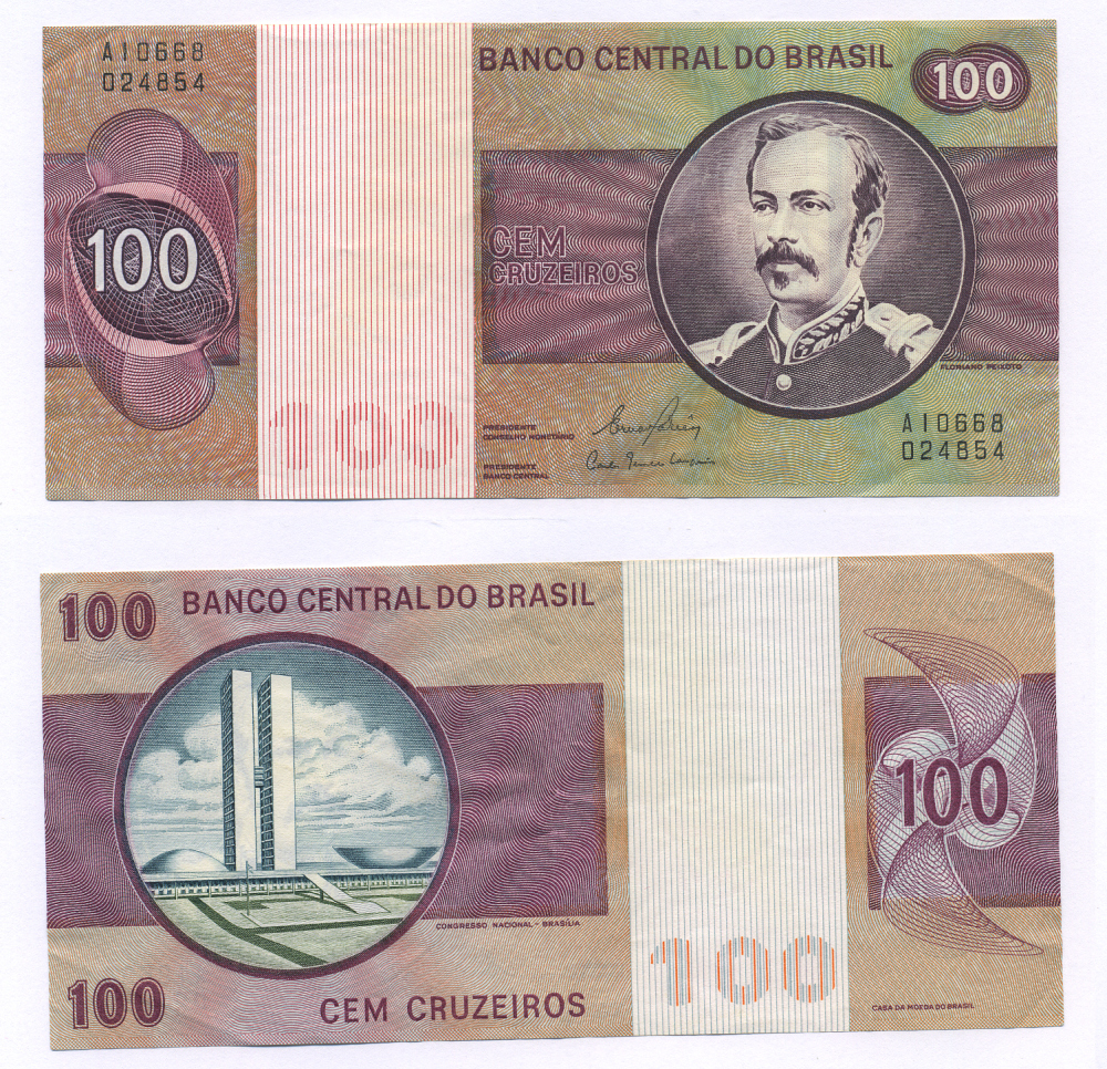 Бразилия 100 крузейро ND (1974 & 1981) Флориану Пейшоту, серия A10668 Pick 195A b бумага 7147-50-2