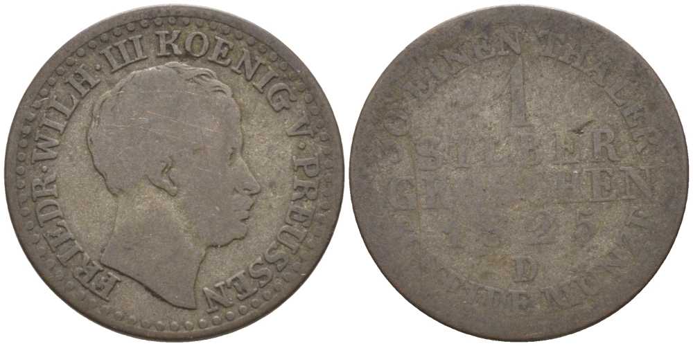 ПРУССИЯ 1 ГРОШ 1825 D, ФРИДРИХ ВИЛЬГЕЛЬМ III (1797-1840) KM 410 серебро 201-618