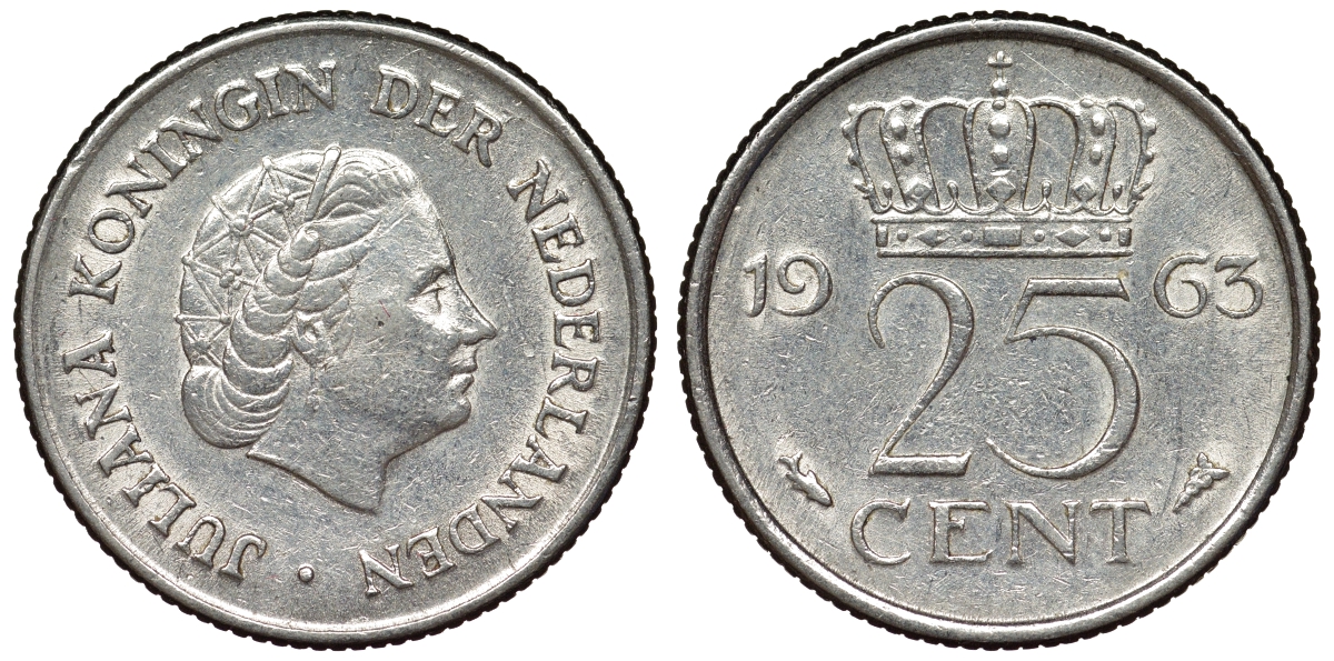 Нидерланды 25 центов 1963 Юлиана KM 183 никель 71-1029
