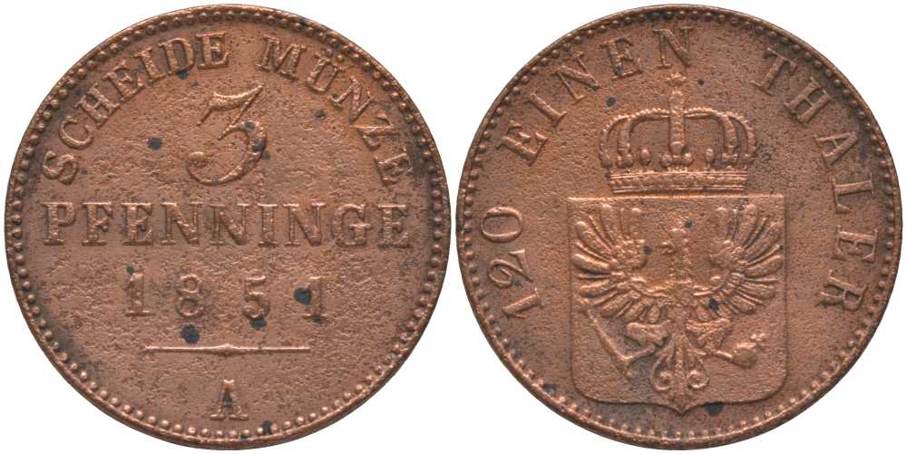 ПРУССИЯ 3 ПФЕННИГА 1851 А, ФРИДРИХ ВИЛЬГЕЛЬМ IV (1840-1861) KM 453 медь 117-422