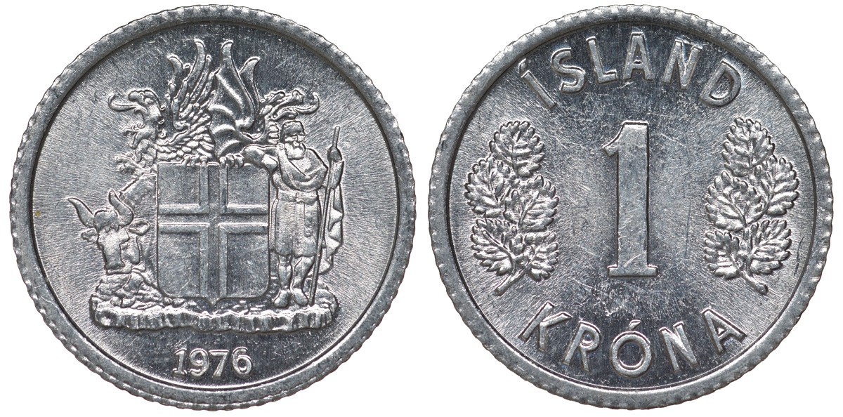 Исландия 1 крона 1976 KM 23 алюминий 4124-247