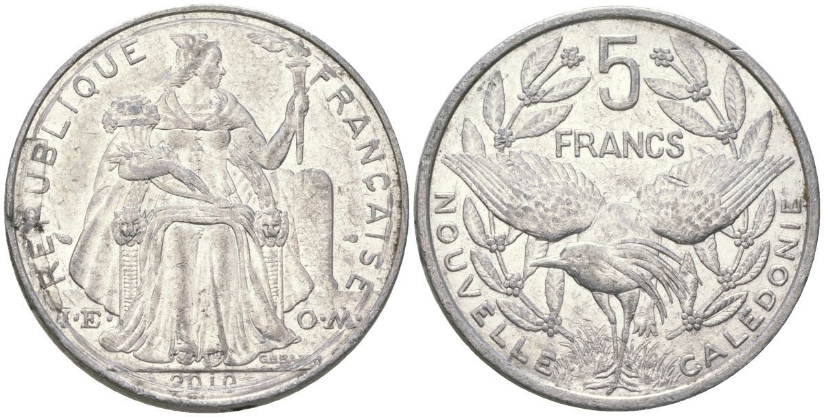 Французская Новая Каледония 5 франков 2010 птица кагу, (IEOM) KM 16, Schoen 12, Lec 81k алюминий 4111-632