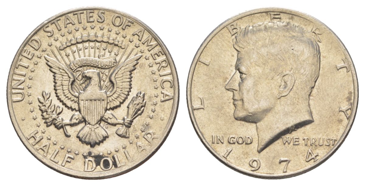 США 1/2 доллара (50 центов) 1974 Джон Кеннеди KM 202b медь плакированная медно-никелем aUNC 4536-511
