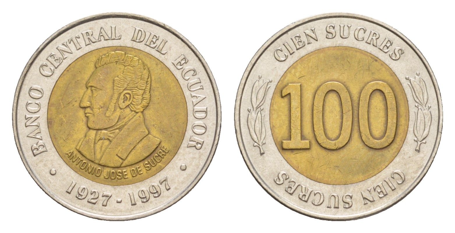 Эквадор 100 сукре 1997 70 лет Центробанку KM 101 биметалл UNC 4640-1248