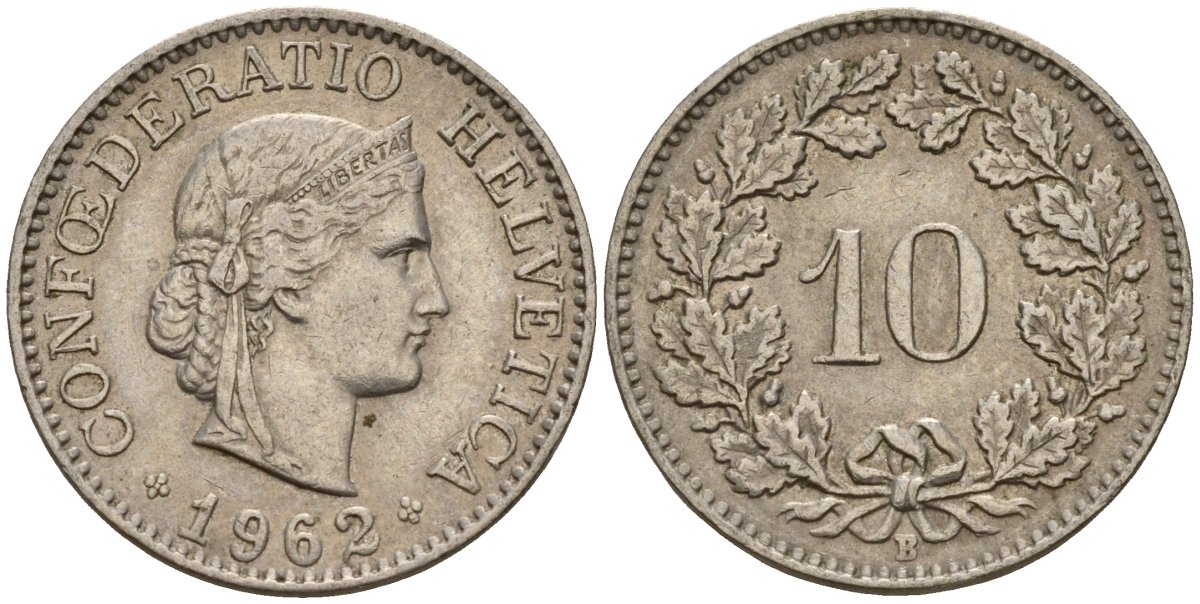 Швейцария 10 раппенов 1962 B KM 27 медно-никель 4189-365