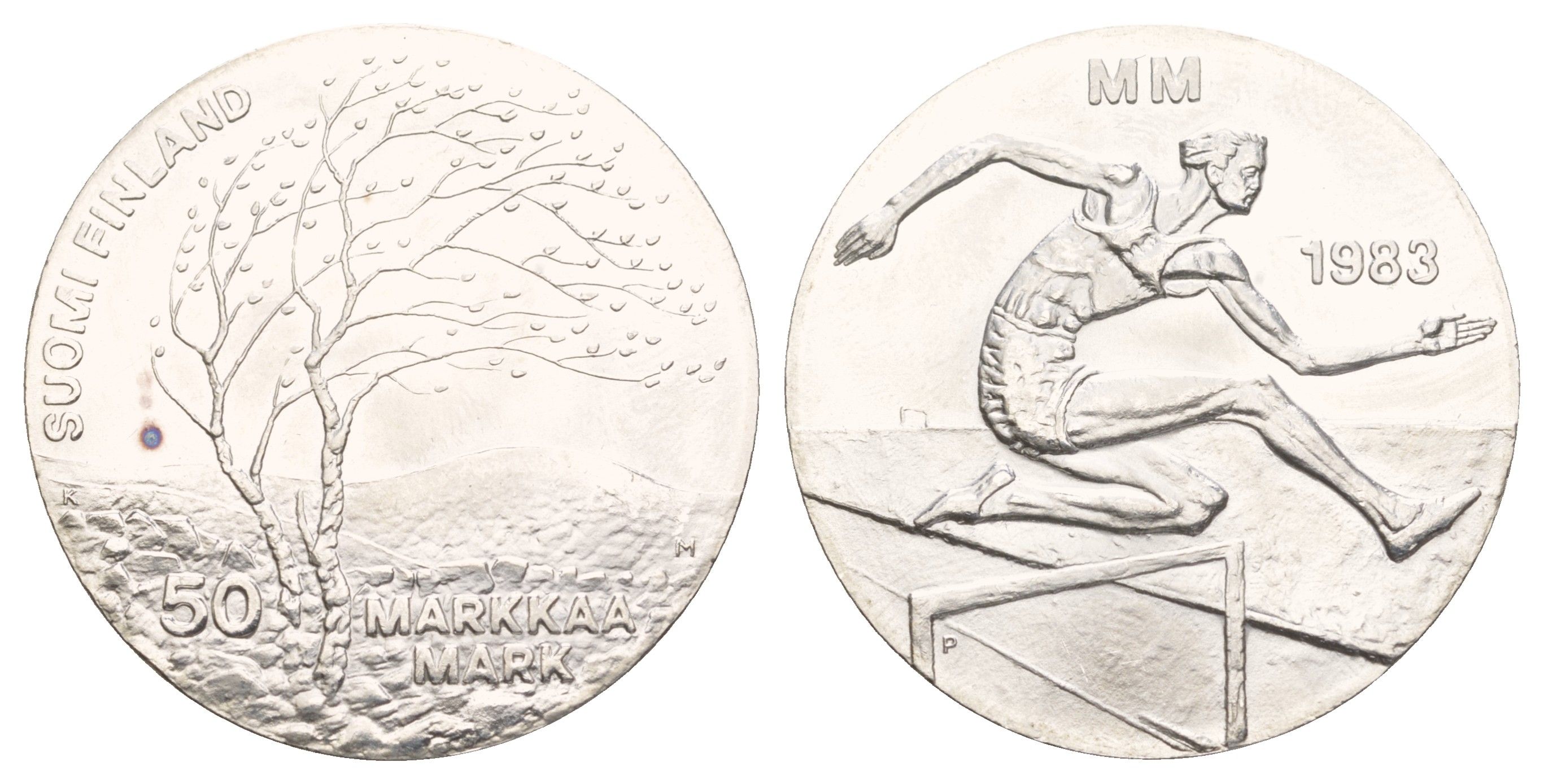 Финляндия 50 марок 1983 K-T, чемпионат мира по атлетике, бег с препятствиями KM 61 серебро BU 4537-525