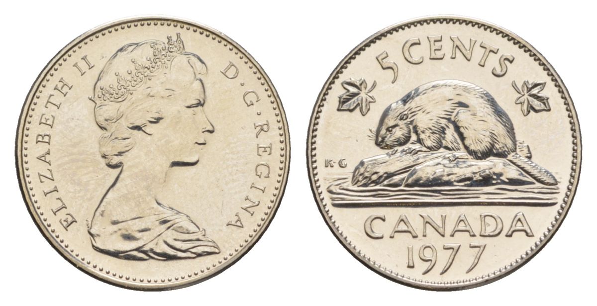 Канада 5 центов 1977 Елизавета II (1952-2022), бобр KM 60.1 никель PROOF-LIKE (BU) 4630-947