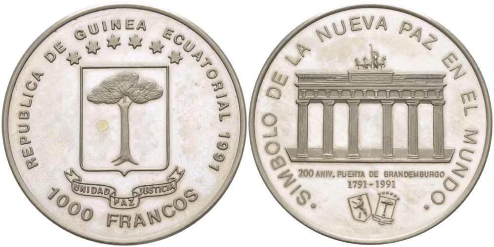 Экваториальная Гвинея 1000 франков 1991 Бранденбургские ворота KM 68 медно-никель PROOF 1078-7-52