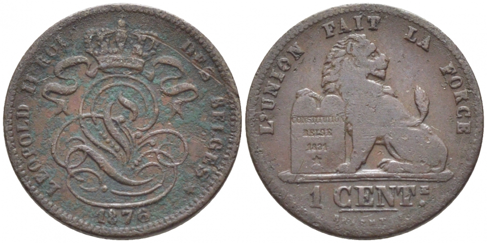 Бельгия 1 сантим 1876 Belges, Леопольд II (1865-1909) KM 33.1 медь 105-919