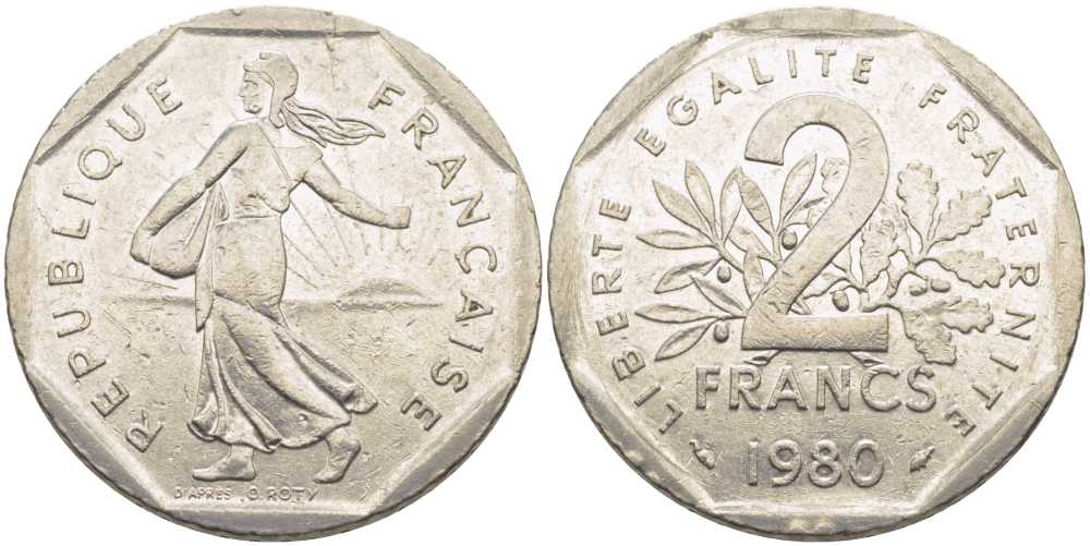 ФРАНЦИЯ 2 ФРАНКА 1980 СЕЯТЕЛЬ KM 942.1, LE FRANC 272.4 никель 111-1046