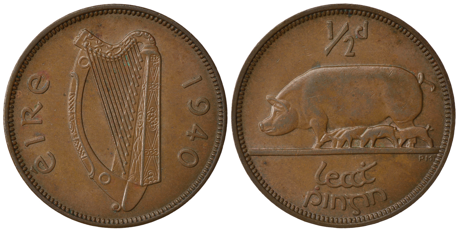 Ирландия 1/2 пенни 1940 свинья с поросятами KM 10 бронза 1525-915