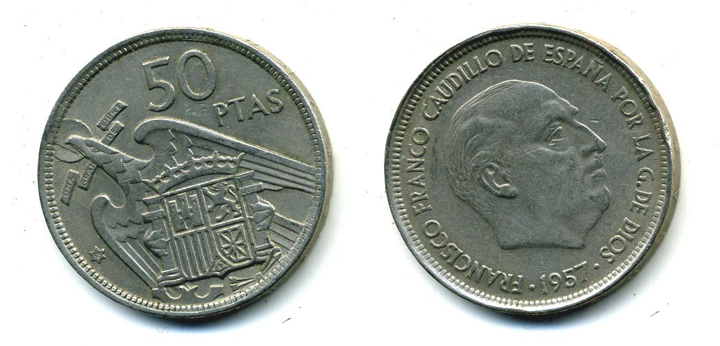 ИСПАНИЯ 50 ПЕСЕТ 1958 1957 ГОД ФРАНЦИСКО ФРАНКО KM 788 медно-никель 41-1013