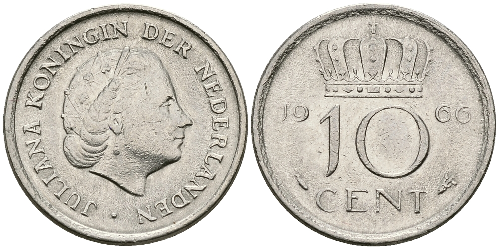 НИДЕРЛАНДЫ 10 ЦЕНТОВ 1966 ЮЛИАНА KM 182 никель 96-446