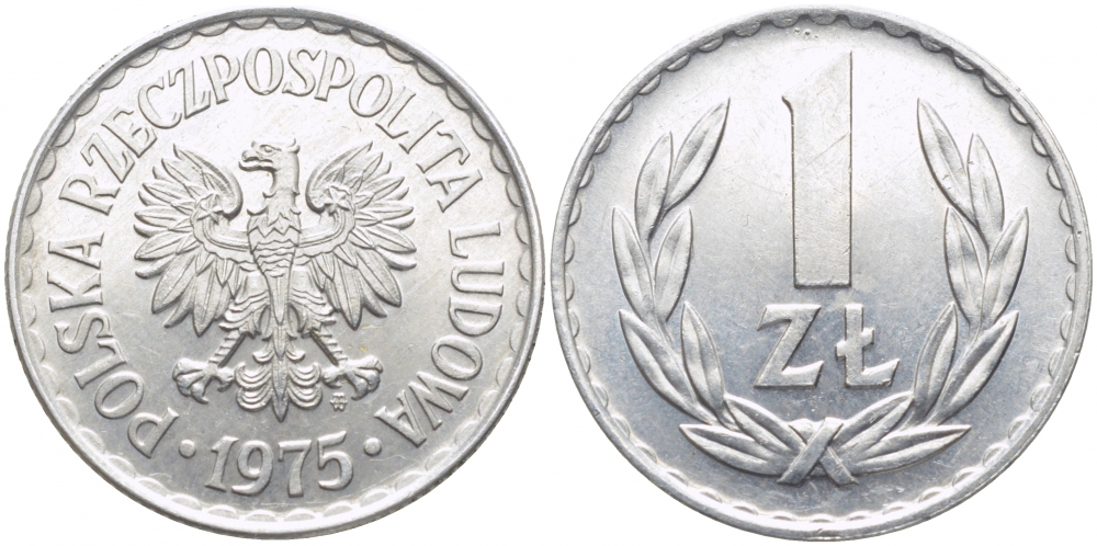 ПОЛЬША 1 ЗЛОТЫЙ 1975 MW KM 49.1 алюминий UNC 110-1016