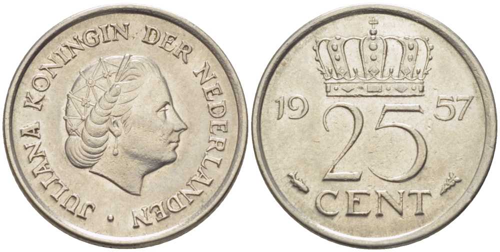 Нидерланды 25 центов 1957 Юлиана (1949-1980) KM 183 никель 214-924
