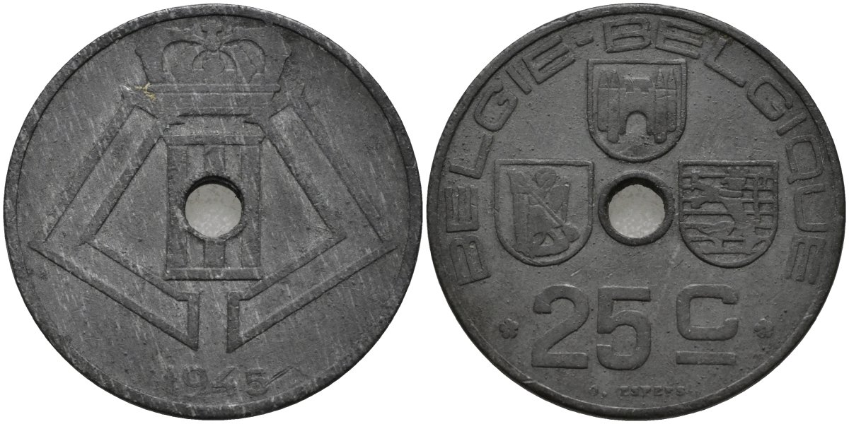 Бельгия 25 сантимов 1945 BELGIE-BELGIQUE KM 132 цинк 4171-655