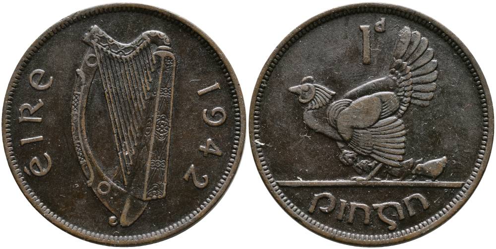 ИРЛАНДИЯ 1 ПЕННИ 1942 КУРИЦА С ЦЫПЛЯТАМИ KM 11 бронза 4531-635