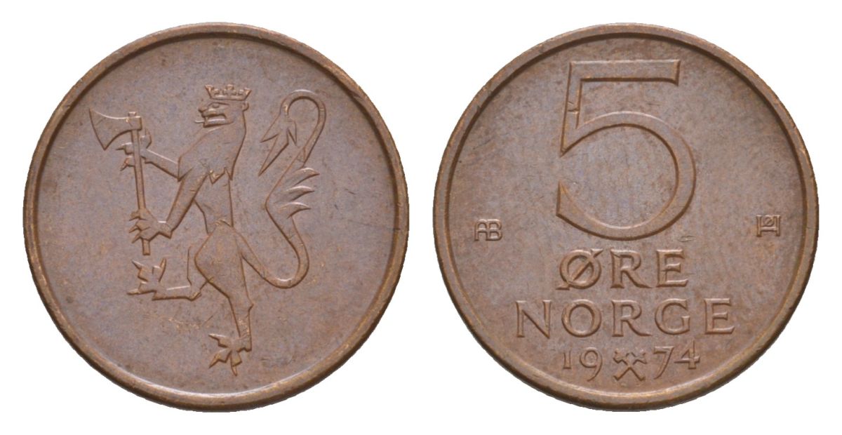 Норвегия 5 эре 1974 Улаф V (1957-1991) KM 415 бронза UNC 4632-1261