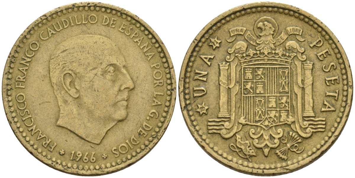 Испания 1 песета 1966 (72) Франсиско Франко (1939 - 1975) KM 796 алюминиевая бронза 4155-413