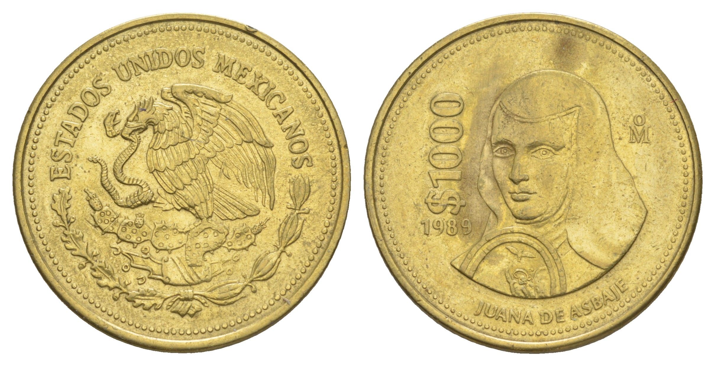 Мексика 1000 песо 1989 Мо, Хуана де Асбахе KM 536 алюминиевая бронза 4634-341