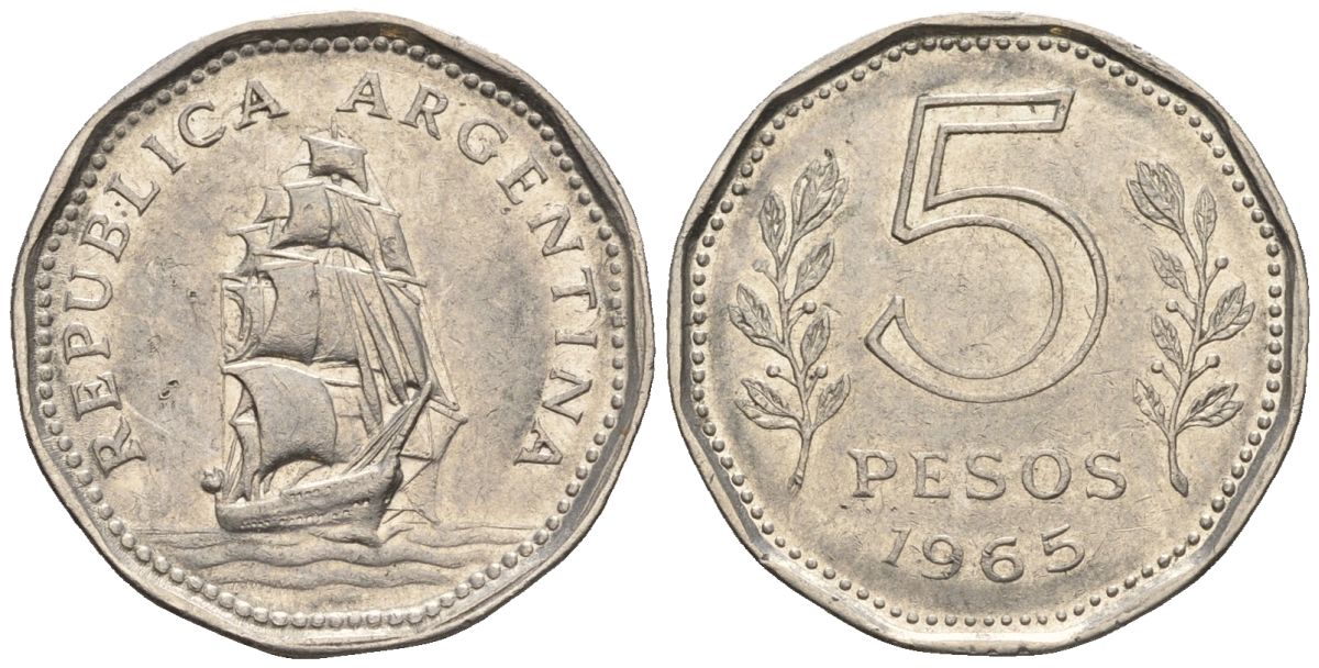Аргентина 5 песо 1965 фрегат "Президент Сармьенто" KM 59, Schon 59, CJ 293 сталь плакированная никелем    60-934