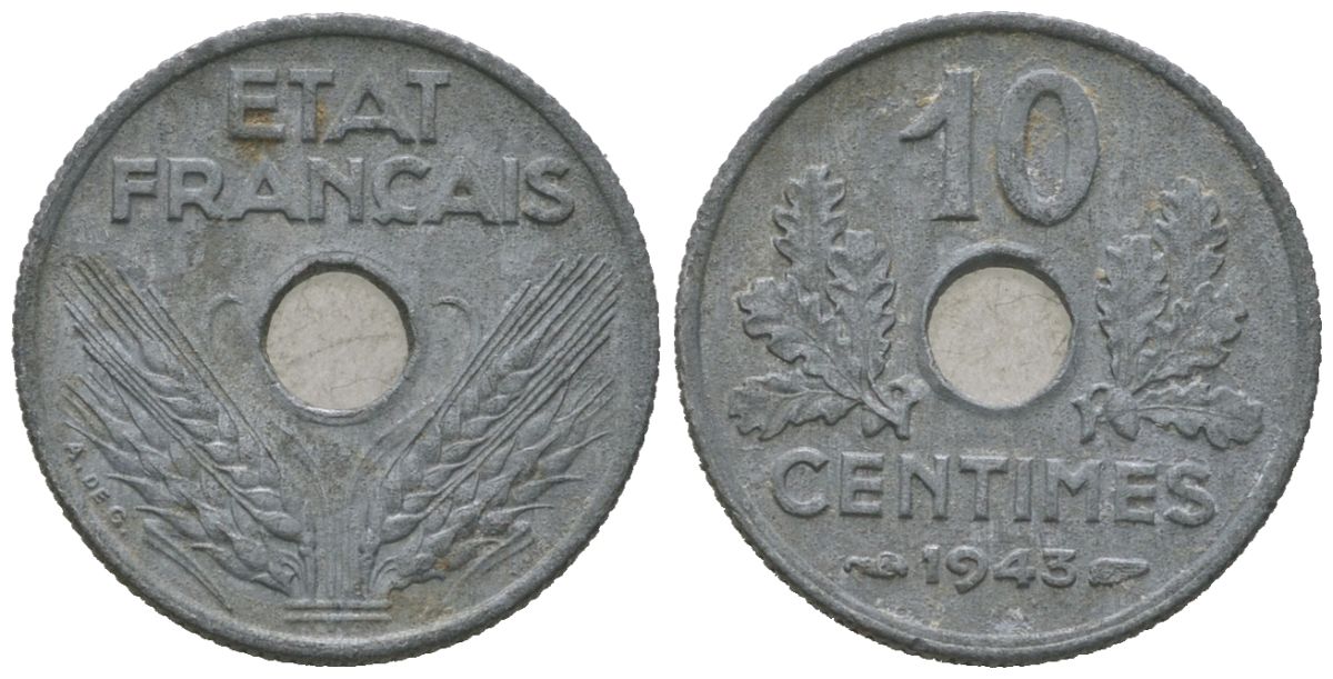 Франция 10 сантимов 1943 KM 903, Le Franc 142/2 цинк 4164-1147