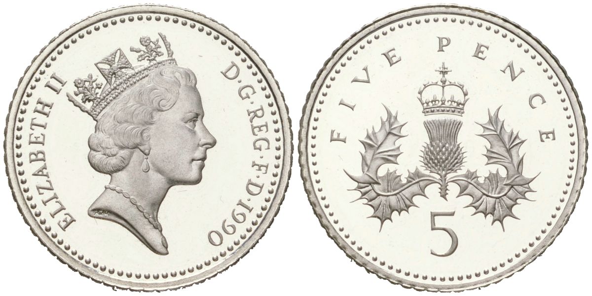 Великобритания 5 пенсов 1990 Елизавета II (1952-2022) KM 937c, Spink D4 серебро PROOF 1066-4-16