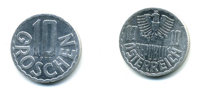 АВСТРИЯ 10 ГРОШЕЙ 1977 KM 2878 алюминий 37-244
