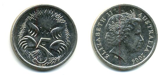 АВСТРАЛИЯ 5 ЦЕНТОВ 2006 ЕЛИЗАВЕТА II, ТРЕТИЙ ПОРТРЕТ, ЕХИДНА KM 401 медно-никель 46-2245