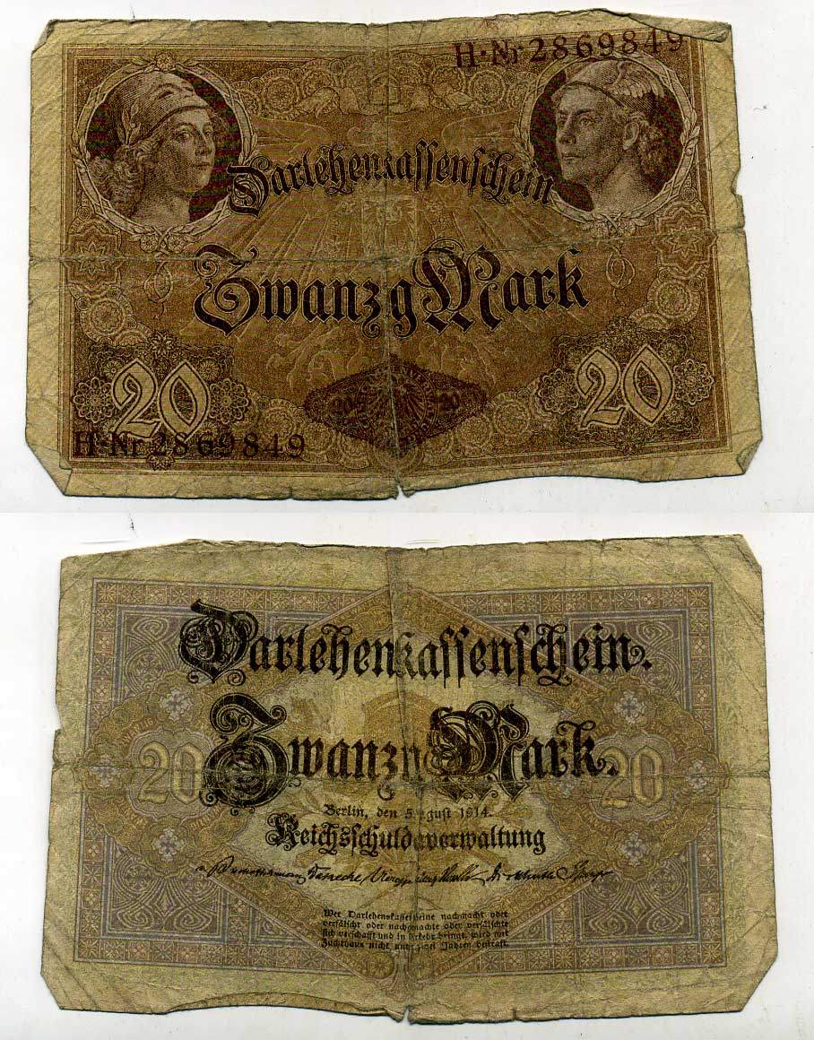 ГЕРМАНИЯ 20 МАРОК 1914 7 значный номер Pick 48 b бумага 6283-49-3