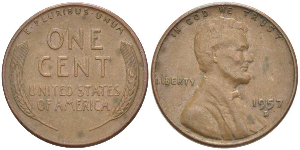 США 1 ЦЕНТ 1957 D, ЛИНКОЛЬН KM А132 медь цинк 218-1038