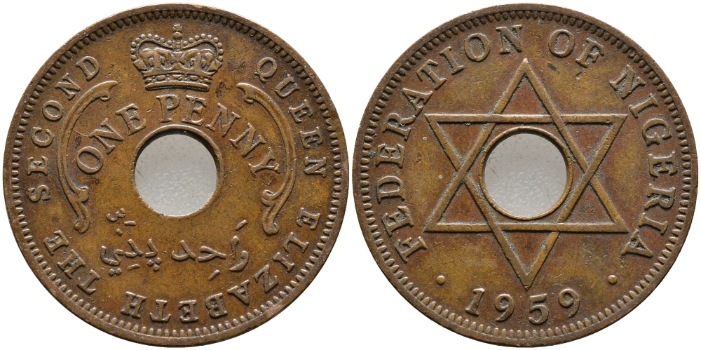 Нигерия 1 пенни 1959 Елизавета II (1952-), Британский протекторат KM 2 бронза 51-2151