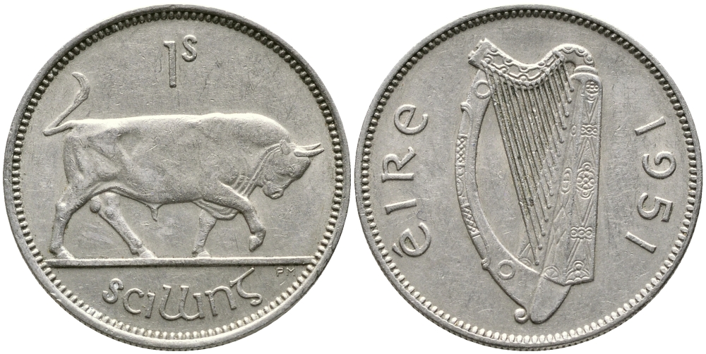 ИРЛАНДИЯ 1 ШИЛЛИНГ 1951 БЫК KM 14а медно-никель 28-827