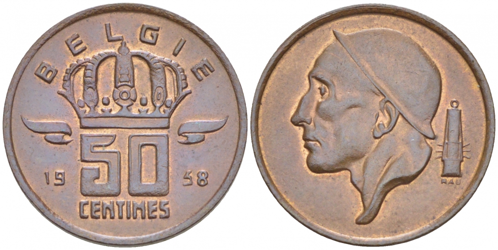 БЕЛЬГИЯ 50 САНТИМОВ 1958 BELGIE KM 149.1 бронза 3996-1243