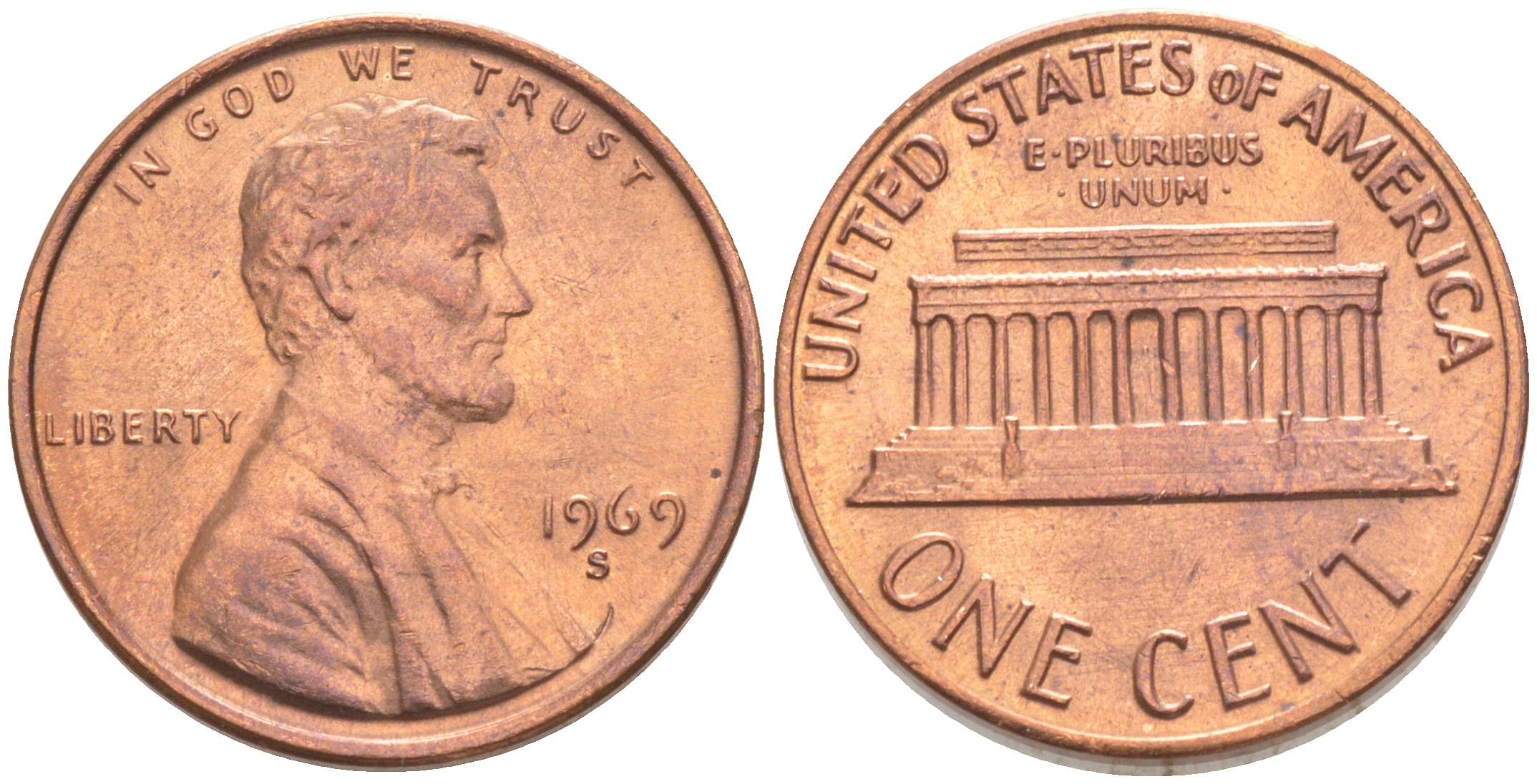 США 1 ЦЕНТ 1969 S, ЛИНКОЛЬН KM 201 медь цинк UNC 187-618