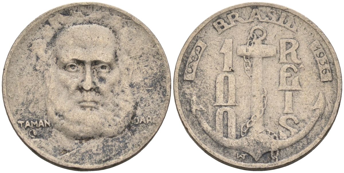 Бразилия 100 рейс 1936 Маркиз Тамандаре KM 536 медно-никель 4115-512