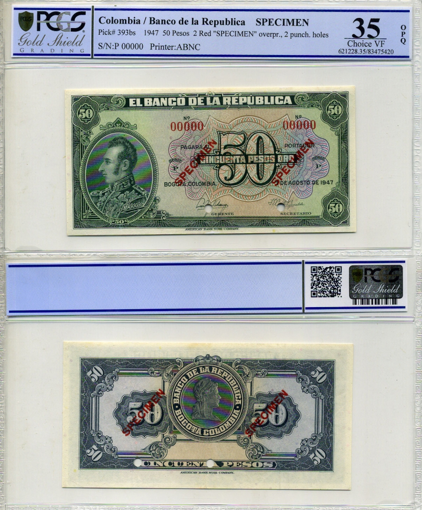 Колумбия 50 песо 1947 образец, Specimen, в слабе PCGS 35 Choice VF Pick 393s бумага 00-00