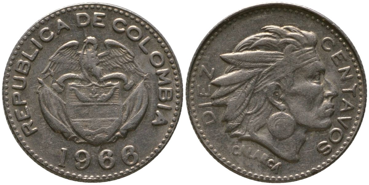 Колумбия 10 сентаво 1966 KM 212.2, Restrepo 380.13 медно-никель 4576-1046