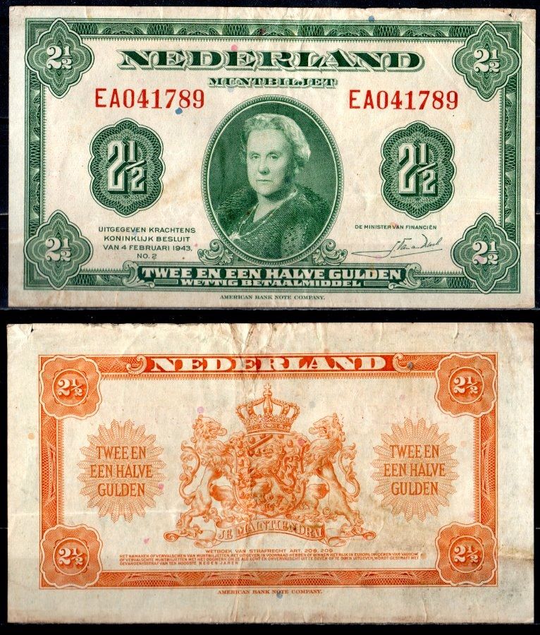 Нидерланды 2 1/2 гульдена 1943 Pick 65 a бумага 7457-12-3-2