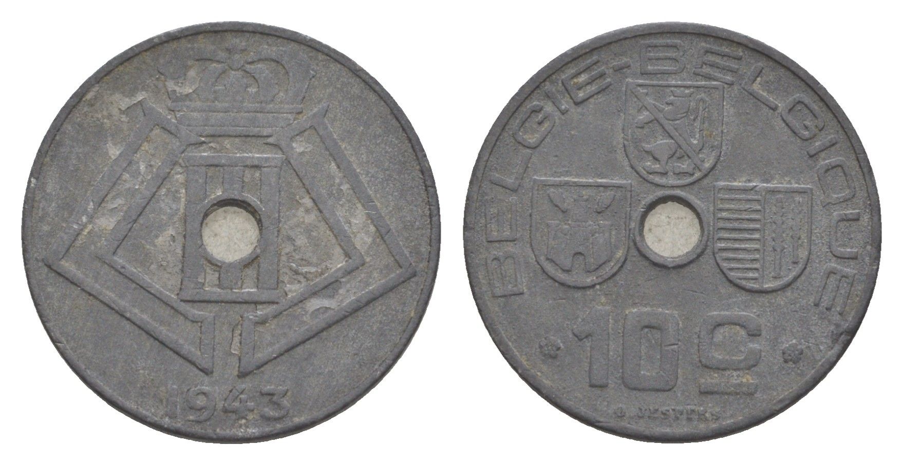 Бельгия 10 сантимов 1943 Belgie - Belgique, Леопольд III (1934-1947), германская оккупация, Вторая мировая война KM 126 цинк 4639-117