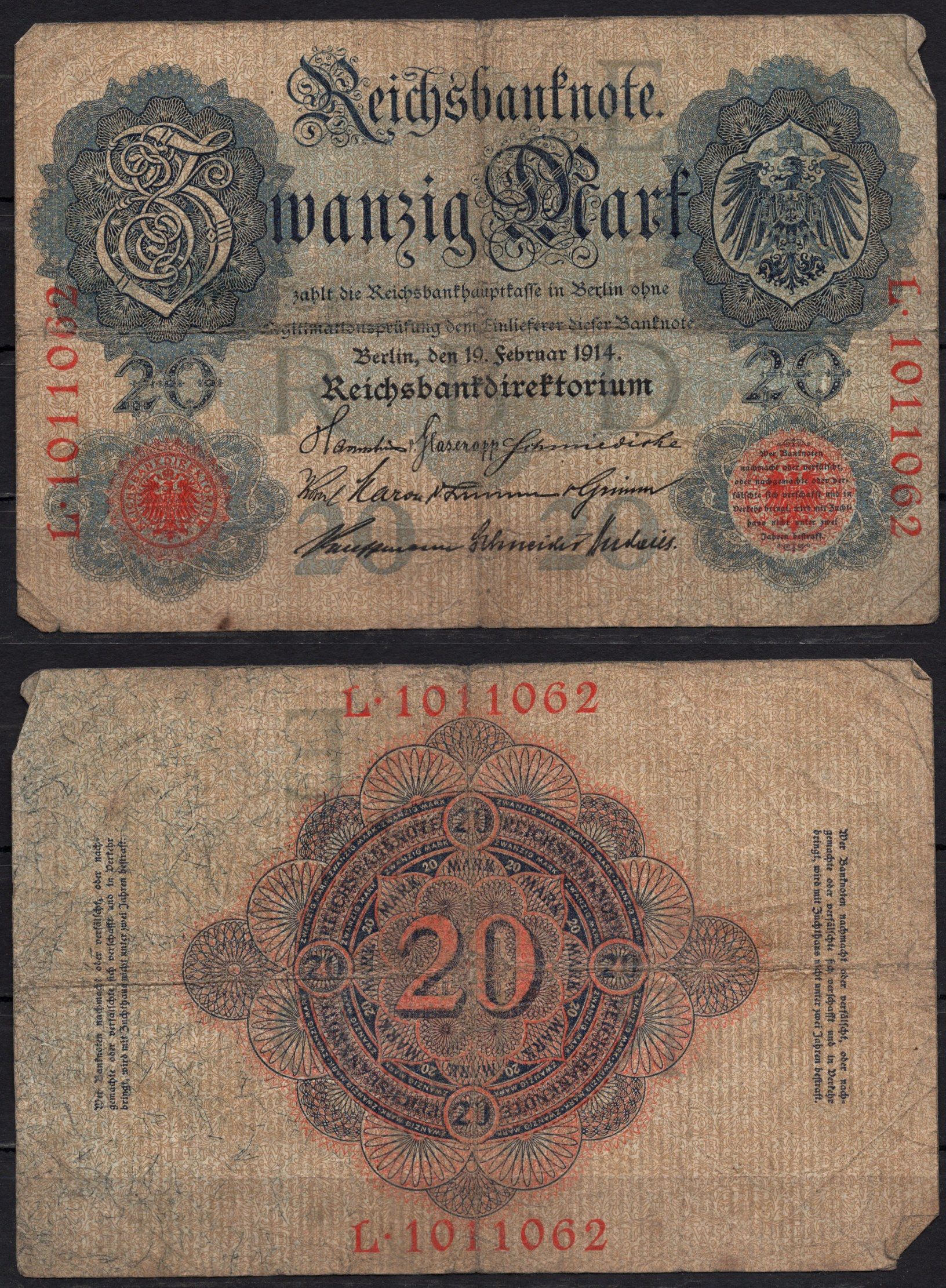 Германия 20 марок 1914 Pick 46b бумага 8592-30-2-2