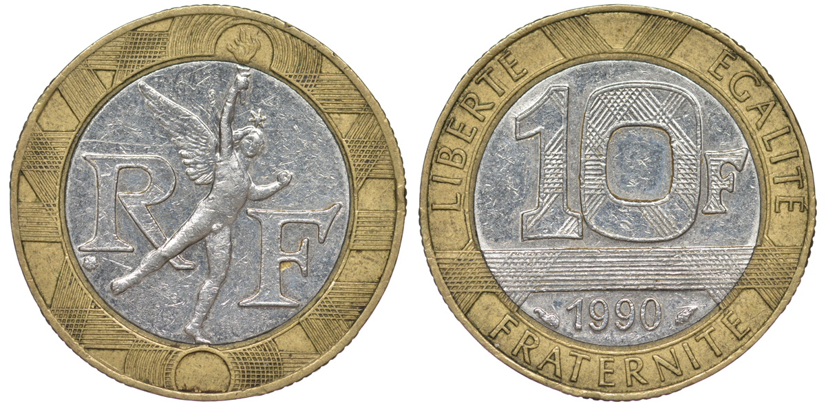 Франция 10 франков 1991 тип Гений Бастилии KM 964.1, Le Frank 375.6 биметалл 45-822