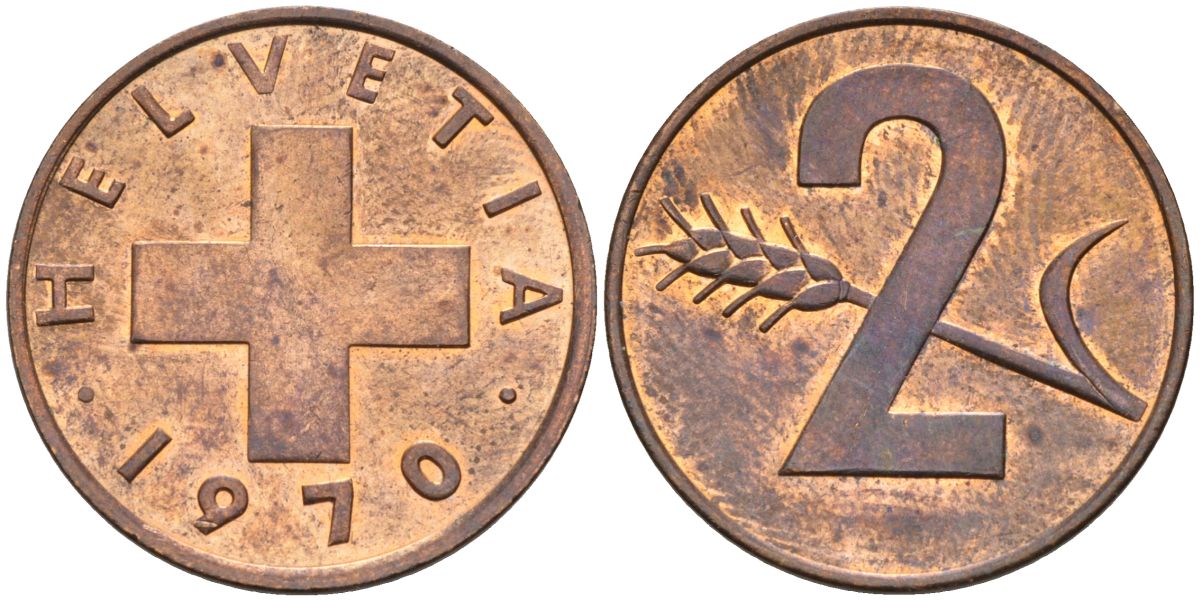 Швейцария 2 раппена 1970 KM 47 бронза UNC 4592-735