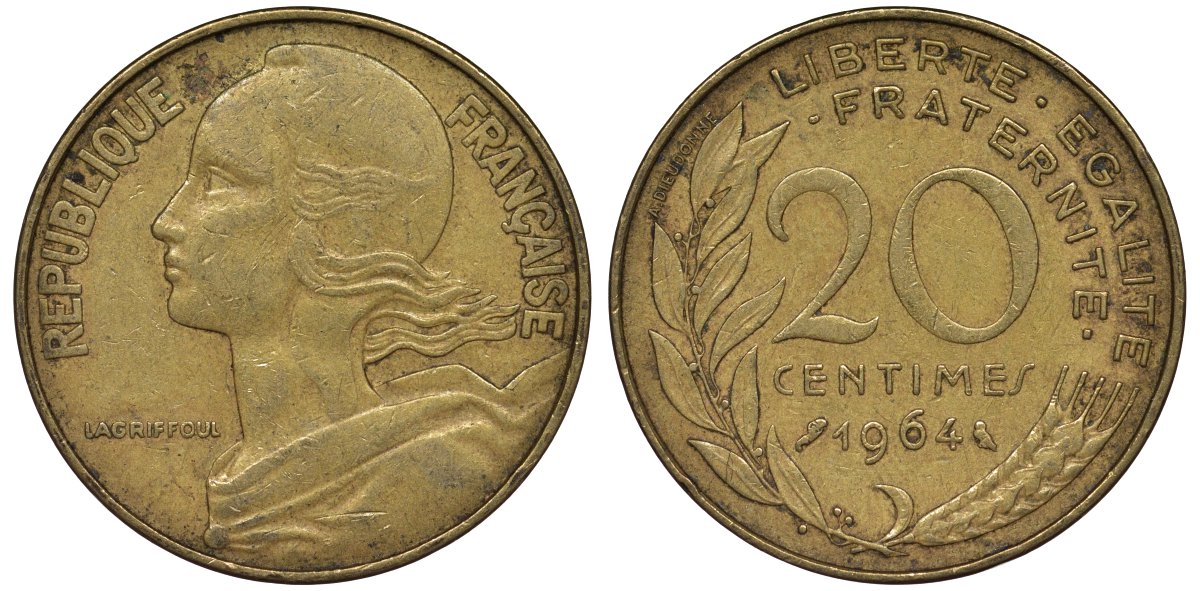 Франция 20 сантимов 1964 KM 930, Le Franс 156.4 медь алюминий никель 4122-144