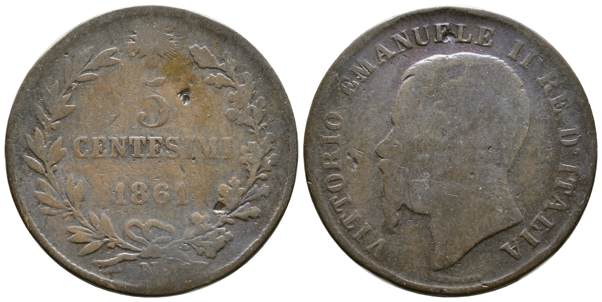 ИТАЛИЯ 5 ЧЕНТЕЗИМО 1861 N, ВИКТОР ИМАНУИЛ II KM 3.3 медь 4381-433